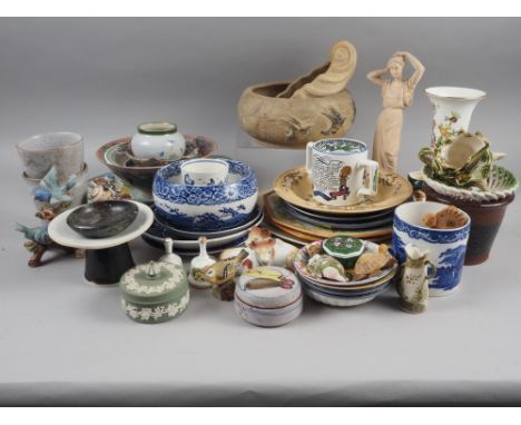 An assortment of china, including Wedgwood jasperware, a Royal Worcester "Mandarin Birds" flared rim vase, 7 1/2" high, vario