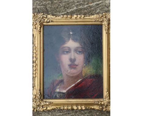R H Craig, '83: a 19th century oil, head and shoulders portrait of a woman wearing a red cloak 
