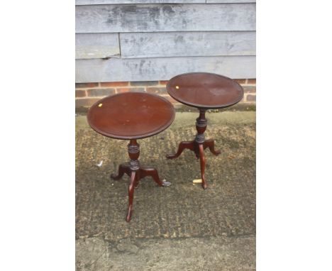 A pair of mahogany wine tables, on turned column and tripod splay support, 16" dia x 21" high 