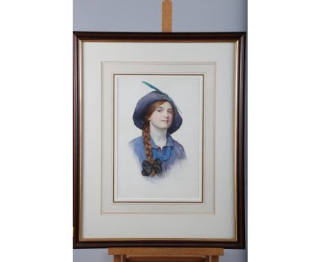 W H Margetson: watercolour portrait of a girl with a plait, 13" x 8 3/4", in wash line mount and mahogany finish frame