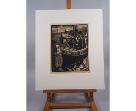 Norman Tennant: a woodblock print, "Narrow Boat", C M Aman: a coloured wood engraving, "Lords and Ladies" and three others 
