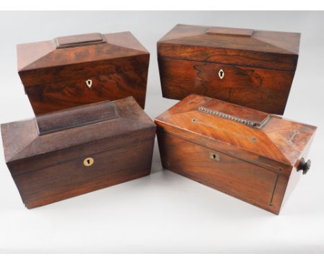 Three 19th century mahogany sarcophagus tea caddies and a similar rosewood tea caddy (for restoration) 