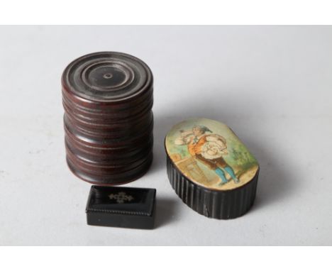 A 19th century turned mahogany box, 1 7/8" dia, a turned birch needle case, 2 3/4" long, and two 19th century papier-mache sn