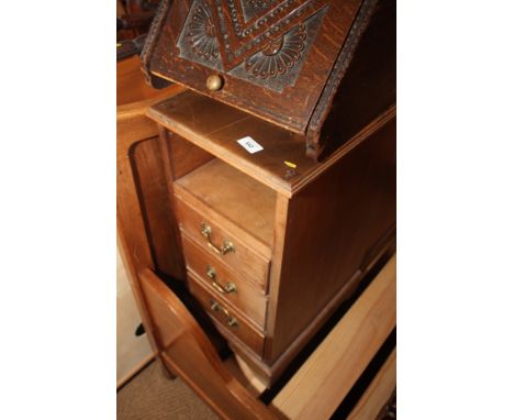 A pair of walnut bedside cabinets, fitted recess over three drawers, on bracket supports, 12" wide x 16" deep x 25" high 