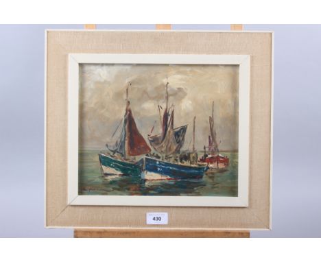 R Gwyn?, 1971: an oil on board, fishing boats, 9" x 11", in linen lined frame 
