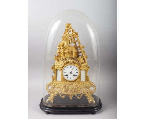 A late 19th century French mantel clock in ormolu case with 18th century figure surmount, white enamel dial inscribed Henri M