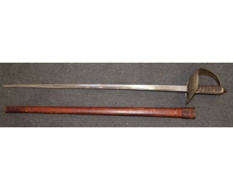 A George V 1897 Pattern Infantry Sergeant's Sword with plain blade and leather scabbard, blade 31" long