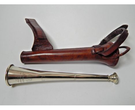 Sporting: A Leather Holstered Saddle Hunting Horn, Four Riding Crops, and a Driving Whip, a chrome plated hunting horn in a q