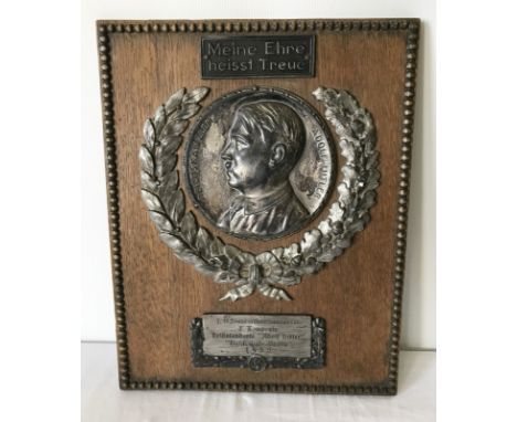 An SS plaque, portrait of Der Fuhrer plus engraved plaque, Leibstandarte "Adolf Hitler". 1935 "Meine Ehre Heisst Treue". 