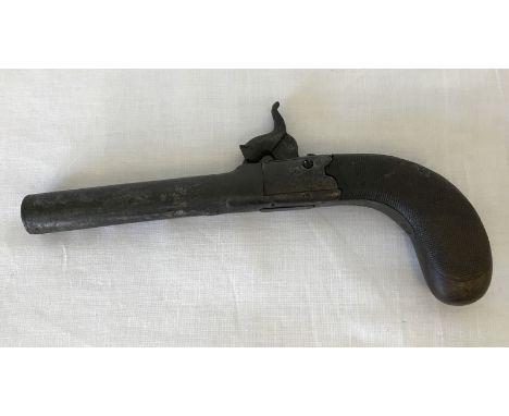 A 19th century percussion cap pistol with flush trigger. Firing mechanism in working order, damage to hammer. Approx. 20cm lo