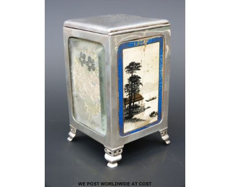 An Edward VII hallmarked silver and glazed playing card case, having hinged lid and raised on four bracket feet, (height 9.5c