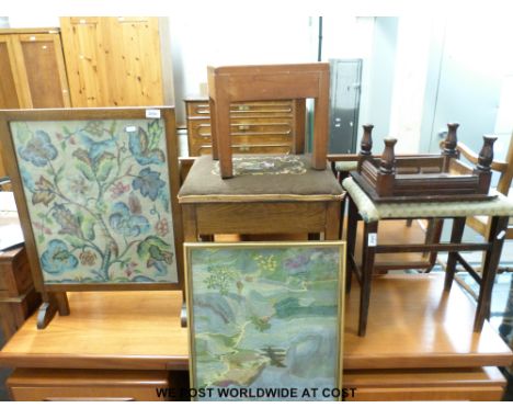 An embroidered metamorphic oak framed firescreen / table, an embroidered picture of swallows and two stools etc