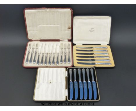 Three cased sets of cutlery to include hallmarked silver handled knife and fork set and hallmarked silver handled knife set