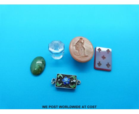 A hardstone intaglio playing card, enamel and filigree clasp, VR intaglio seal, jadeite cabochon etc