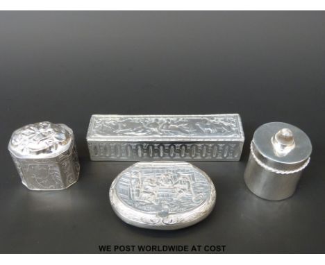 A Victorian silver trinket box with embossed rural scene to lid, length 10.5cm, import marks for Chester 1899 together with t