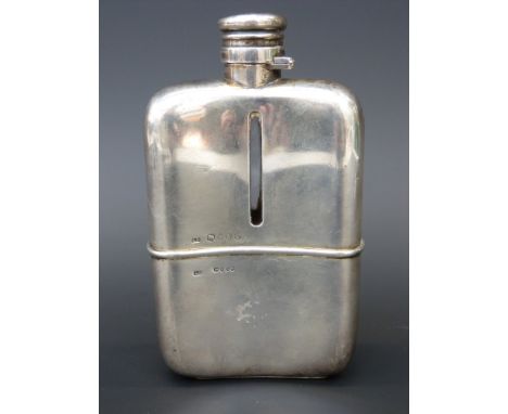 A Victorian hallmarked silver glass hip flask with removable cup and bayonet cap London 1888 Sampson Mordan, height 14.5cm