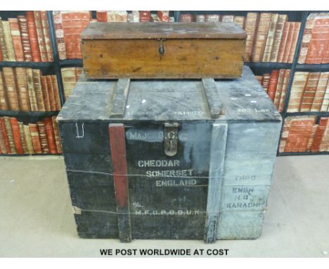 A large quantity of vintage tools to include saws, planes, pliers etc in a large travelling box with military interest inscri