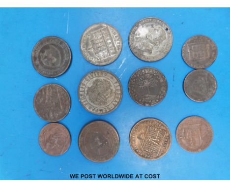 Late 18th/early 19thC provincial coins comprising three pennies, Cheltenham and Worcester; two half pennies; Bristol India te