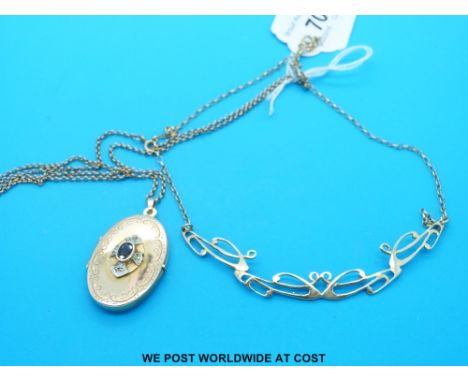 A 9ct gold locket set with a sapphire and diamonds on 9ct gold chain and a 9ct gold necklace in a Celtic design (13.4g)