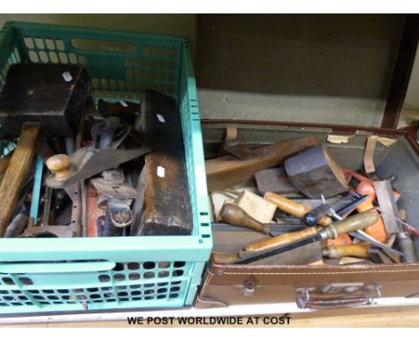 Two boxes of carpenter's tools including planes, chisels etc