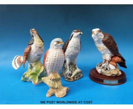 Royal Doulton Osprey DA139, Beswick Beneagles Osprey decanter, Sitzendorf Ruffled Grouse and a matt Beswick Kestrel no 2316 