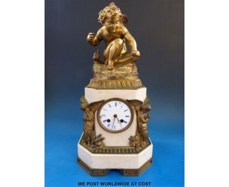 Leroy et Fils two train marble cased mantel clock, surmounted by large gilt figure of Cupid, and cherubs either side, the wor