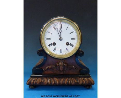 A two train French mantel clock in drum style case, with a marti movement, striking on a bell, complete with pendulum and key