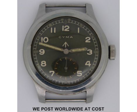 Cyma British military gentleman's wristwatch, the black face with subsidiary seconds dial, Arabic numerals and luminous hands