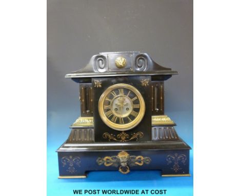 A French 19thC slate mantel clock with visible jewelled escapement and cameo decoration