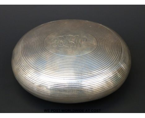 An unusually large table top hallmarked silver snuff box with hinged lid operated by squeezing the sides. B'ham 1893, maker G