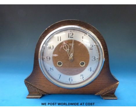 A Smiths Enfield oak cased, two train striking mantel clock.