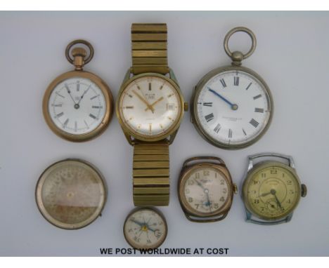 A collection of watches to include a pocket watch marked 10k and a compass