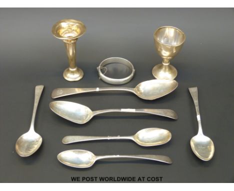 Six various Georgian hallmarked silver spoons (longest 21.5cm) a hallmarked silver egg cup and a silver bangle, weight 257g t