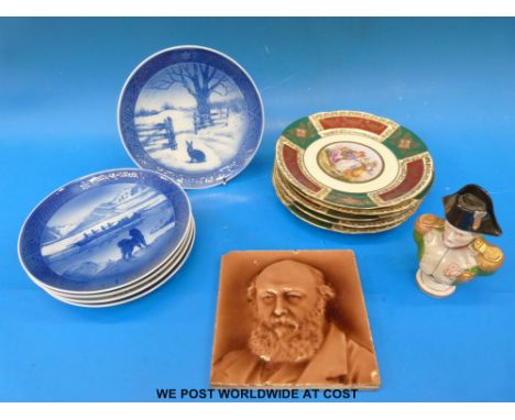 A quantity of Copenhagen plates, a possibly Pooles tile, bust of Napoleon etc, 