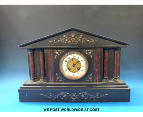 A French slate mantel clock in the classical style, two train movement by Mougin striking on a gong 