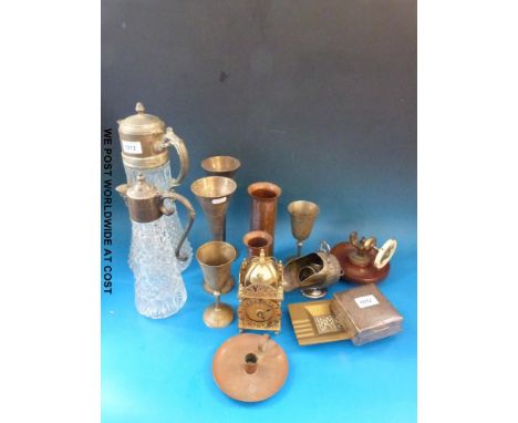 A hallmarked silver cigarette box, large lemonade jug, claret jug, plated and metal ware and a nautical themed nut cracker, A