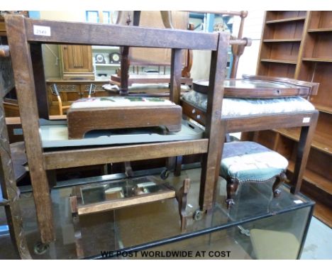 Two mirrors, tea trolley, towel rail, embroidered fire screen etc