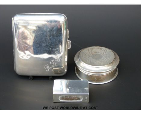 A hallmarked silver cigarette case (87g) together with a hallmarked silver match holder and a hallmarked silver trinket box, 