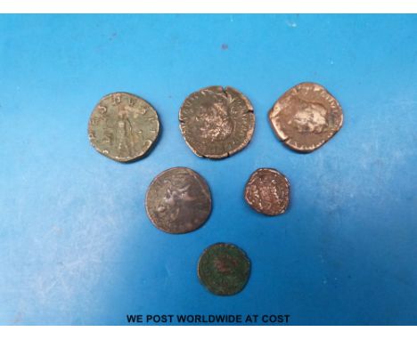 Six bronze Roman coins, largest approx 30mm, smallest 15mm