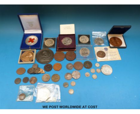 A mixed collection of coins and crowns including 18thC  I. Newton farthing, 1937 crown, silver threepenny pieces, silver coin