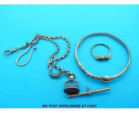 A 9ct gold bangle, yellow metal fob chain, 9ct gold ring, fob etc.