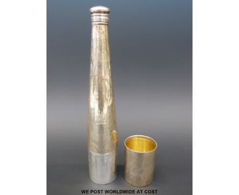 A Victorian Elkington & Co hallmarked silver hunting flask of conical form with bayonet top and pull off cup to base, height 