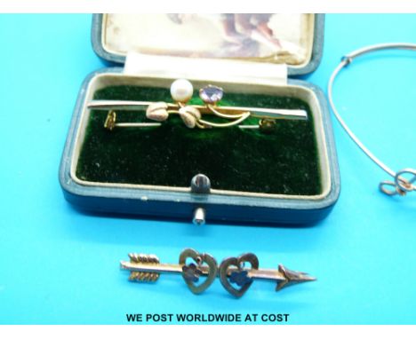 Two Victorian / Edwardian 9ct gold bar brooches and a yellow metal bangle 'Joyce'