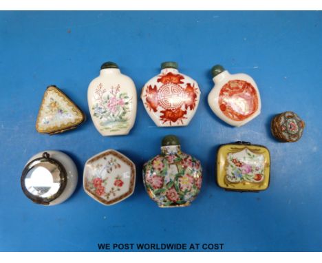 A small collection of oriental snuff bottles, porcelain pill / patch boxes etc