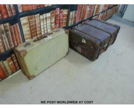 Vintage luggage including wooden trunk, ash bound leather case etc,  the trunk with Capt R J Lloyd RM stencilled to top 