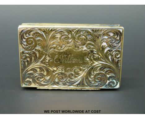 A hallmarked silver gilt Victorian tabletop snuff box, B'ham 1840, maker Neville and Ryland (4 x 6.5cm)