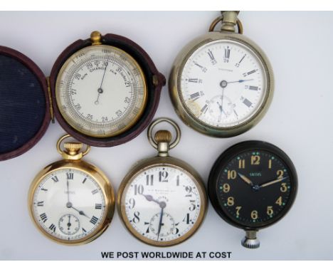 Four pocket watches and a pocket barometer.