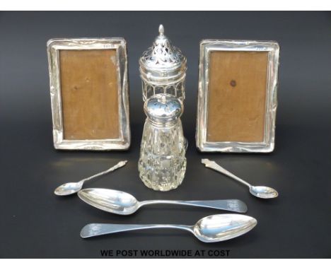 A hallmarked silver sugar sifter frame, Birmingham 1906 maker Deakin & Francis, pair of Georgian hallmarked silver spoon, two