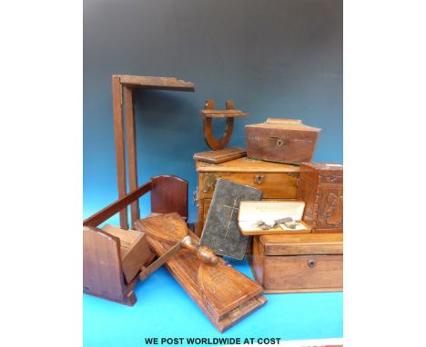 A quantity of wooden boxes etc to include Art Nouveau brass mounted smokers cabinet, inlaid book slide, ten caddy etc