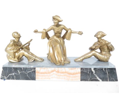 Spelter Figural Group/working Lamp "The Love Triangle" Columbine, Harlequin and Peirott (Guitar A/F) Length 49 cm 